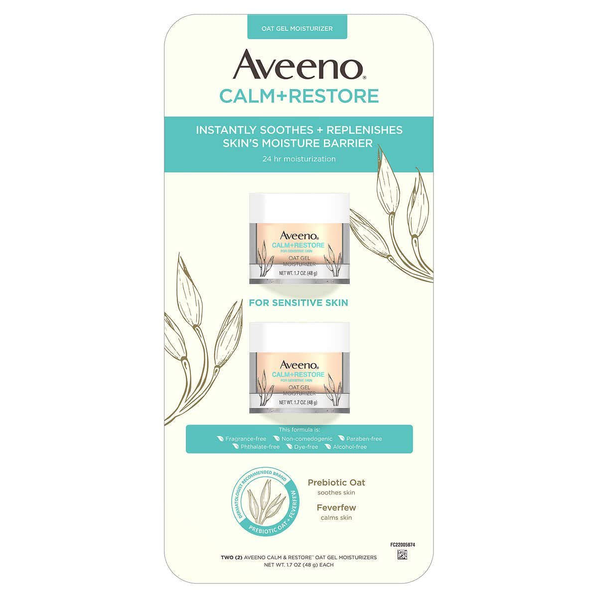 Aveeno Calm + Restore Oat Gel Face Moisturizer for Sensitive Skin, Face Cream, 1.7 oz - 2 Pack