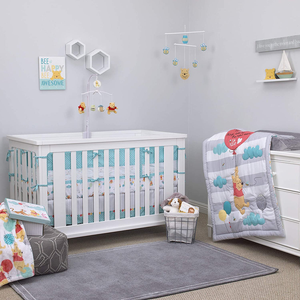 Disney Winnie The Pooh First Best Friend Secure-Me Crib Liner, Aqua/White