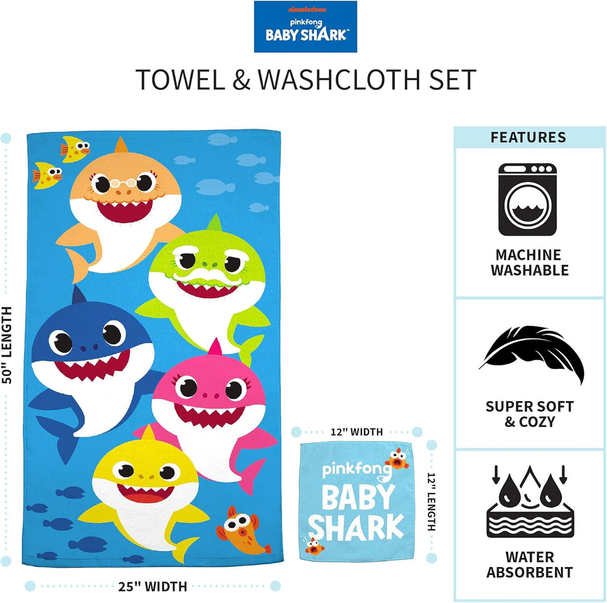 Franco Kids Baby Shark Bath & Beach Soft Cotton Terry Towel & Washcloth Set, 25" x 50"