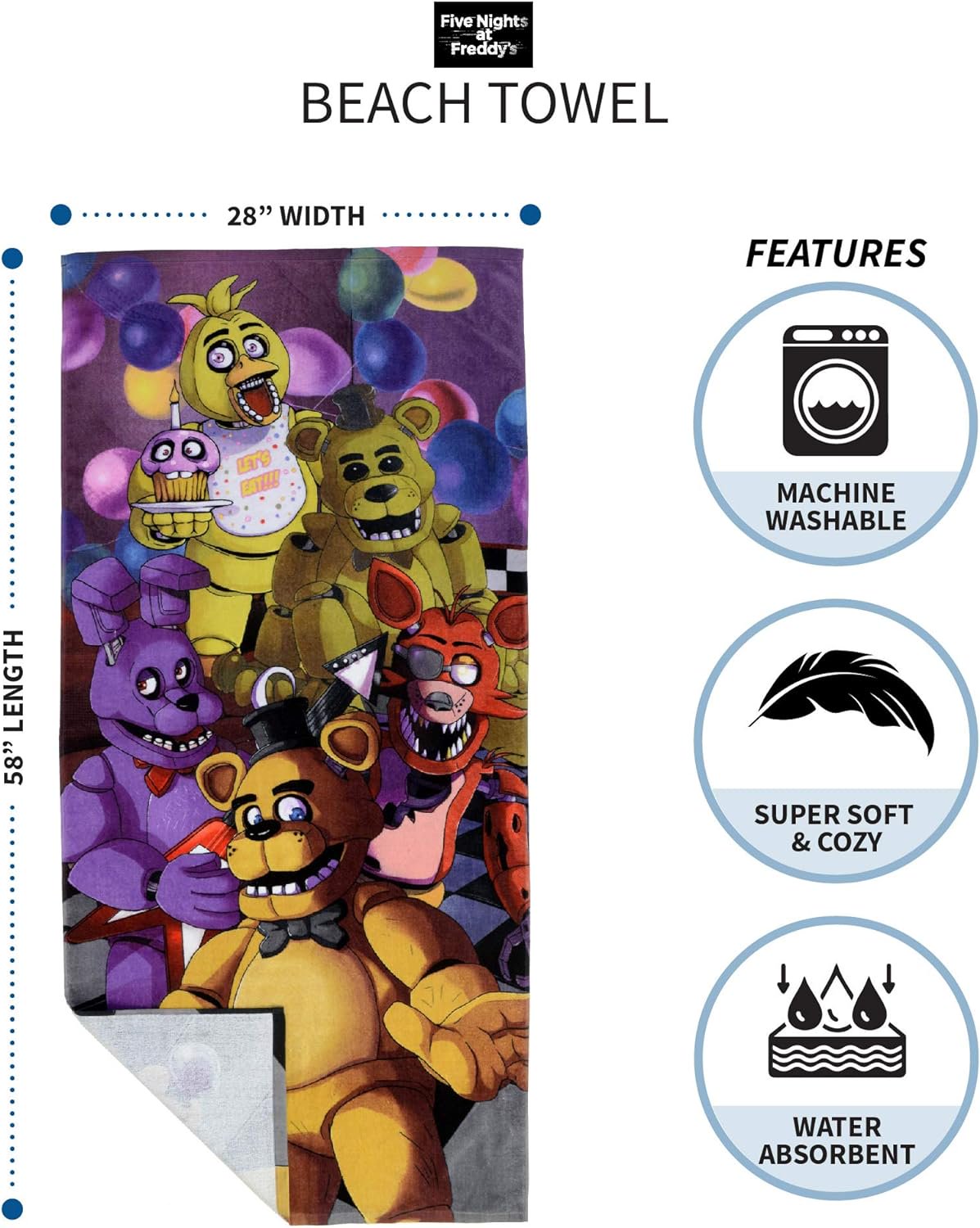 Franco Kids Cotton Beach Towel, 58 in x 28 in, Five Nights at Freddy's