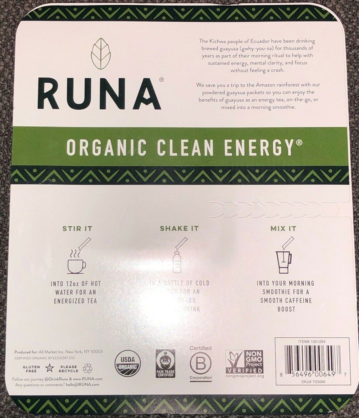 RUNA Organic Clean Energy Guayusa Powder - 26 packets