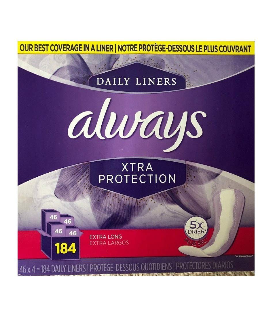 ALWAYS Daily Liners Xtra Protection 5X Drier Plus sec, Extra Long, 46 Count (Pack of 4)
