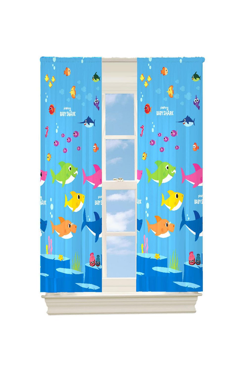 Baby Shark "Bubble Sharks" Room Darkening Window Drapes-pair