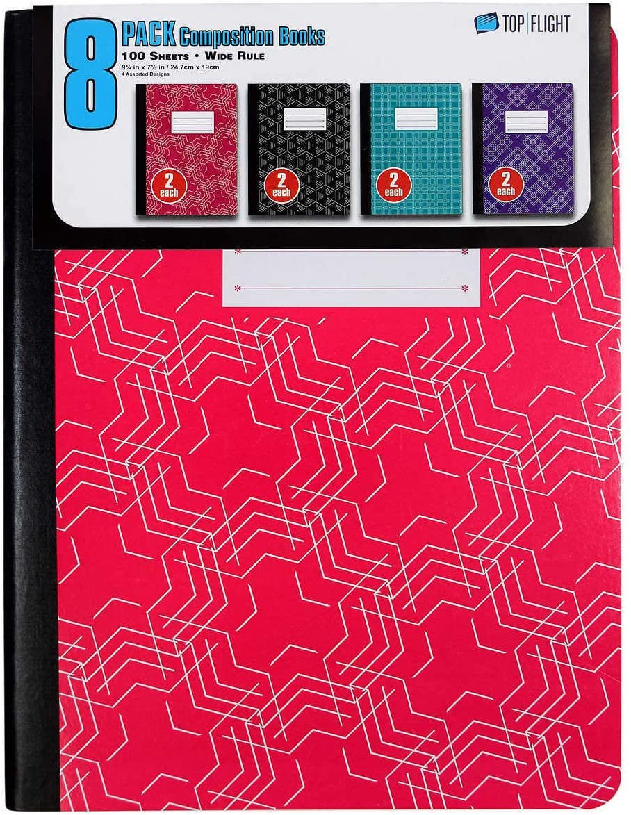 Top Flight 8 Pack Composition Books 100 Sheets, Wide Rule 2 each Red, Black, Green and Purple