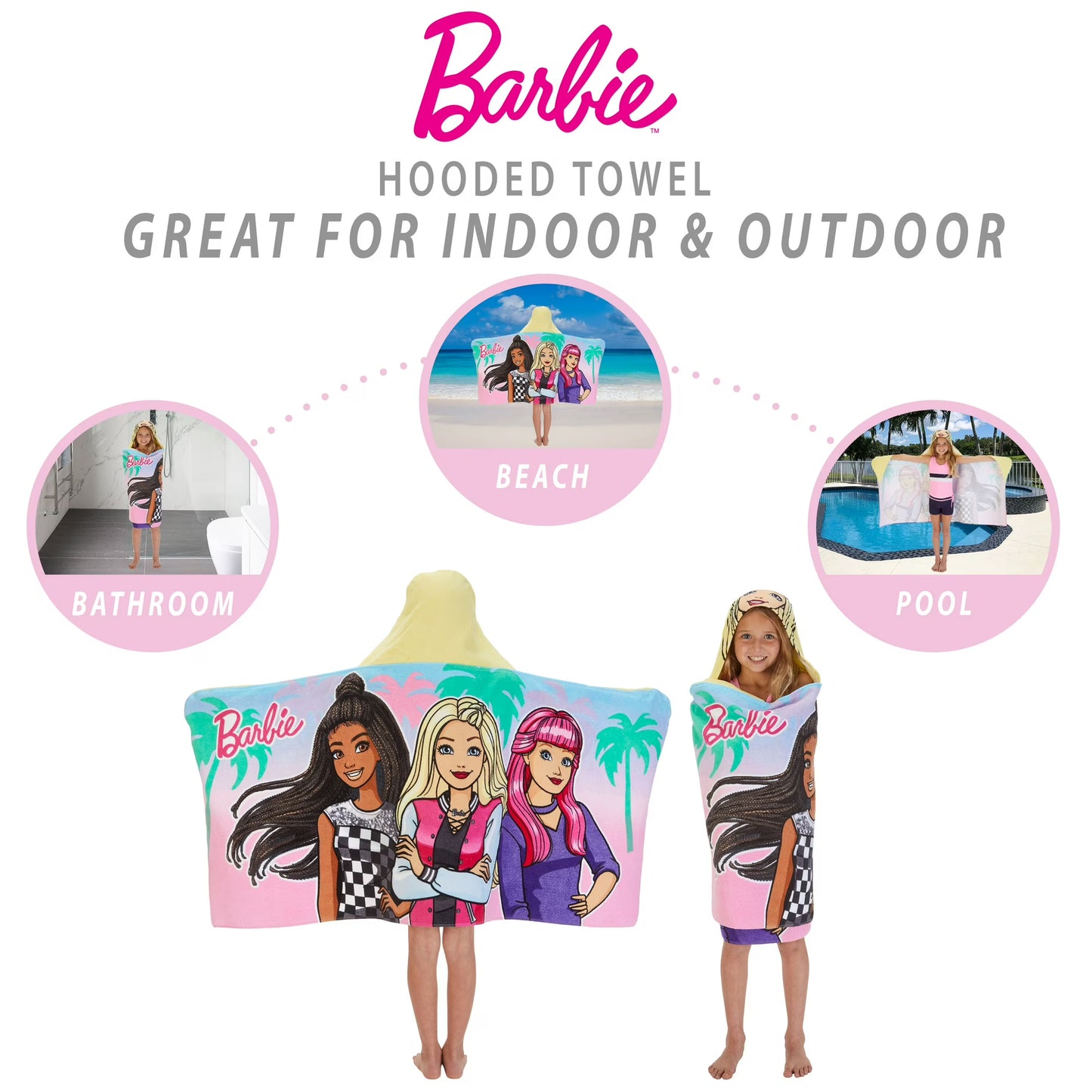 Barbie Kids Hooded Towel, Cotton, Pink, Mattel