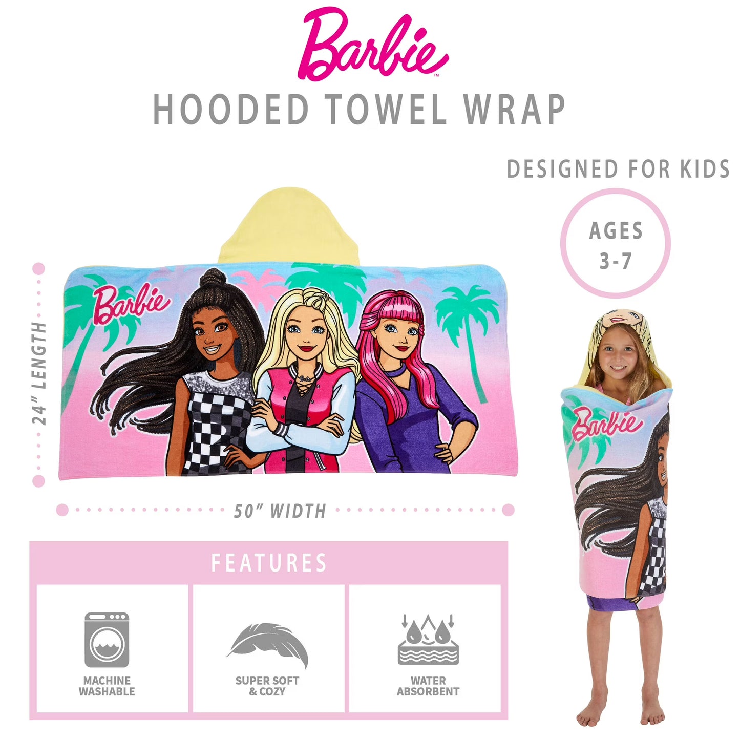 Barbie Kids Hooded Towel, Cotton, Pink, Mattel