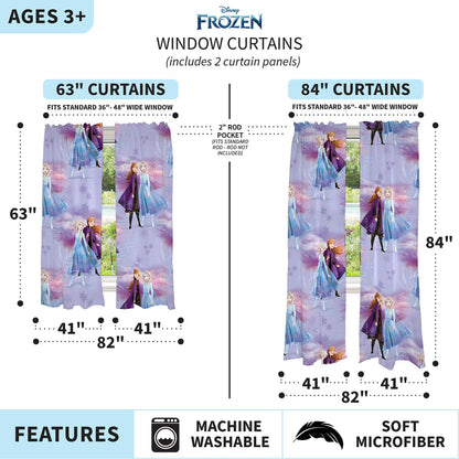 Franco Kids Disney Frozen 2 Rod Pocket Light Filtering Curtain Sets, 82 x 63 in (2 Panels)