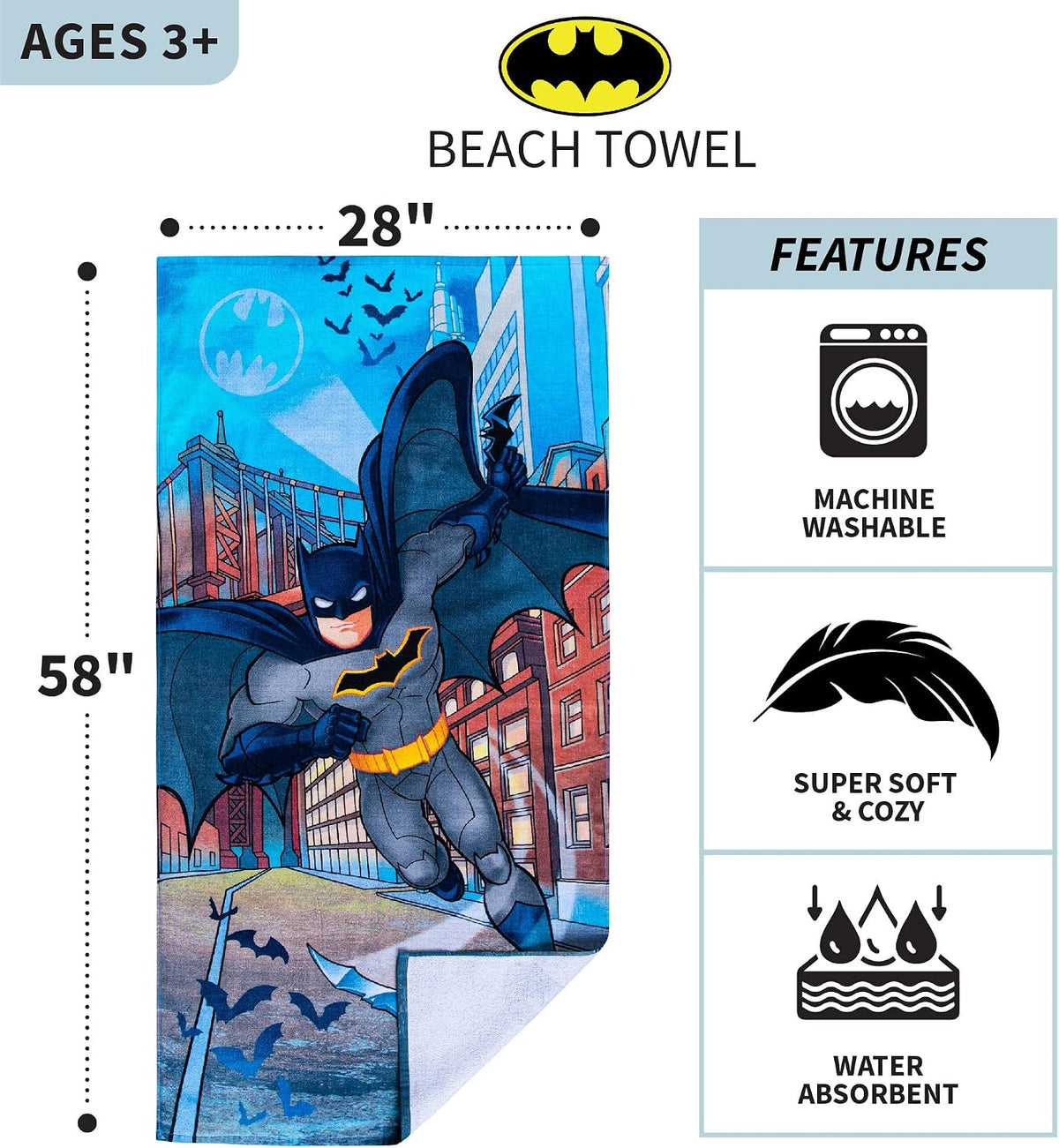 Franco Kids Super Soft Cotton Beach Towel, 58 in x 28 in, Batman DC Comics