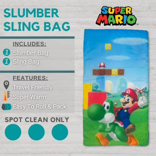Super Mario 2 Piece Kids Sleeping/Slumber Bag & Sling Bag Set, 46"L X 26"W