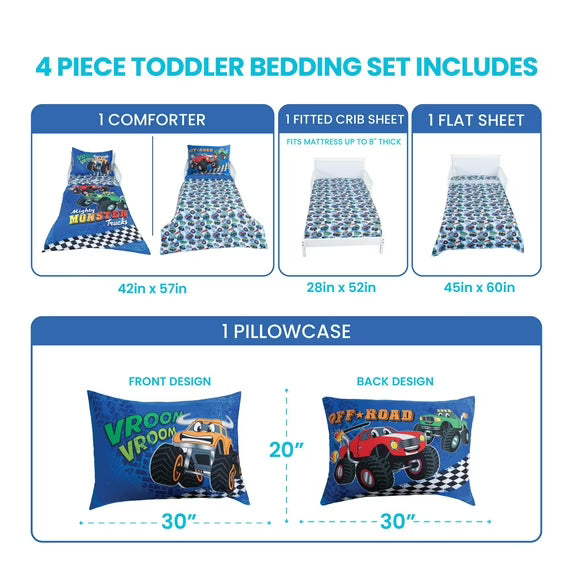 Todays Kids Monster Trucks Toddler Bedding Set for Boys - 4-Piece Toddler Bed Comforter