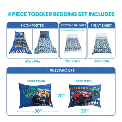 Todays Kids Monster Trucks Toddler Bedding Set for Boys - 4-Piece Toddler Bed Comforter