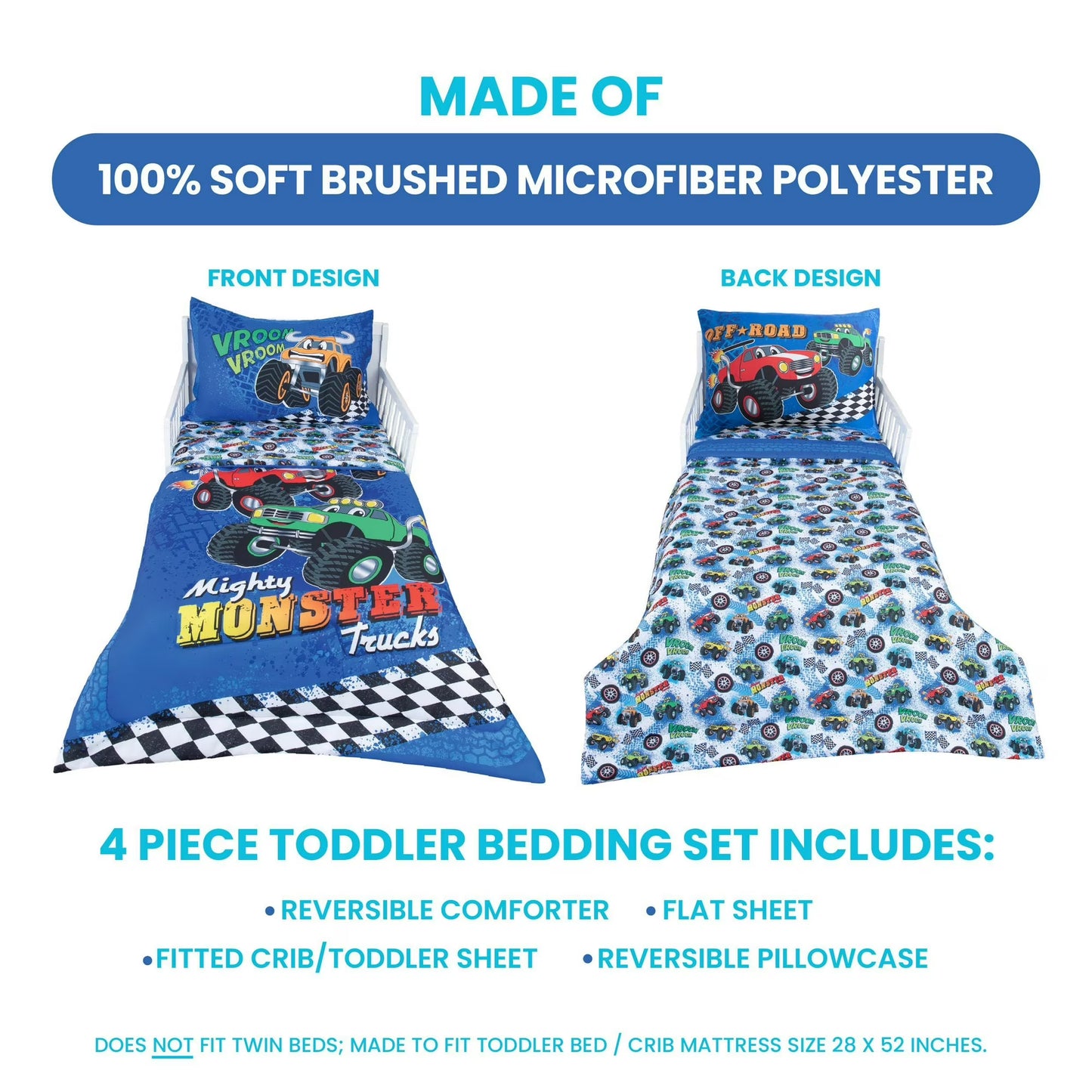 Todays Kids Monster Trucks Toddler Bedding Set for Boys - 4-Piece Toddler Bed Comforter