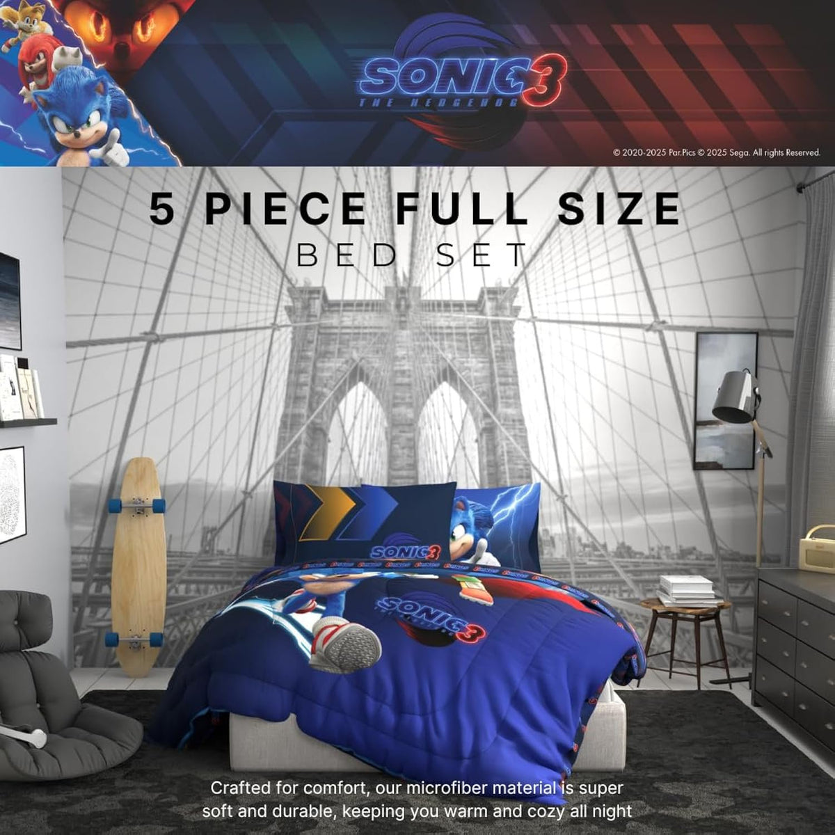 Franco Kids Sonic The Hedgehog 3 Movie Full Comforter and Sheets, 5 Piece Set