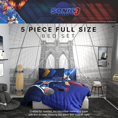 Franco Kids Sonic The Hedgehog 3 Movie Full Comforter and Sheets, 5 Piece Set