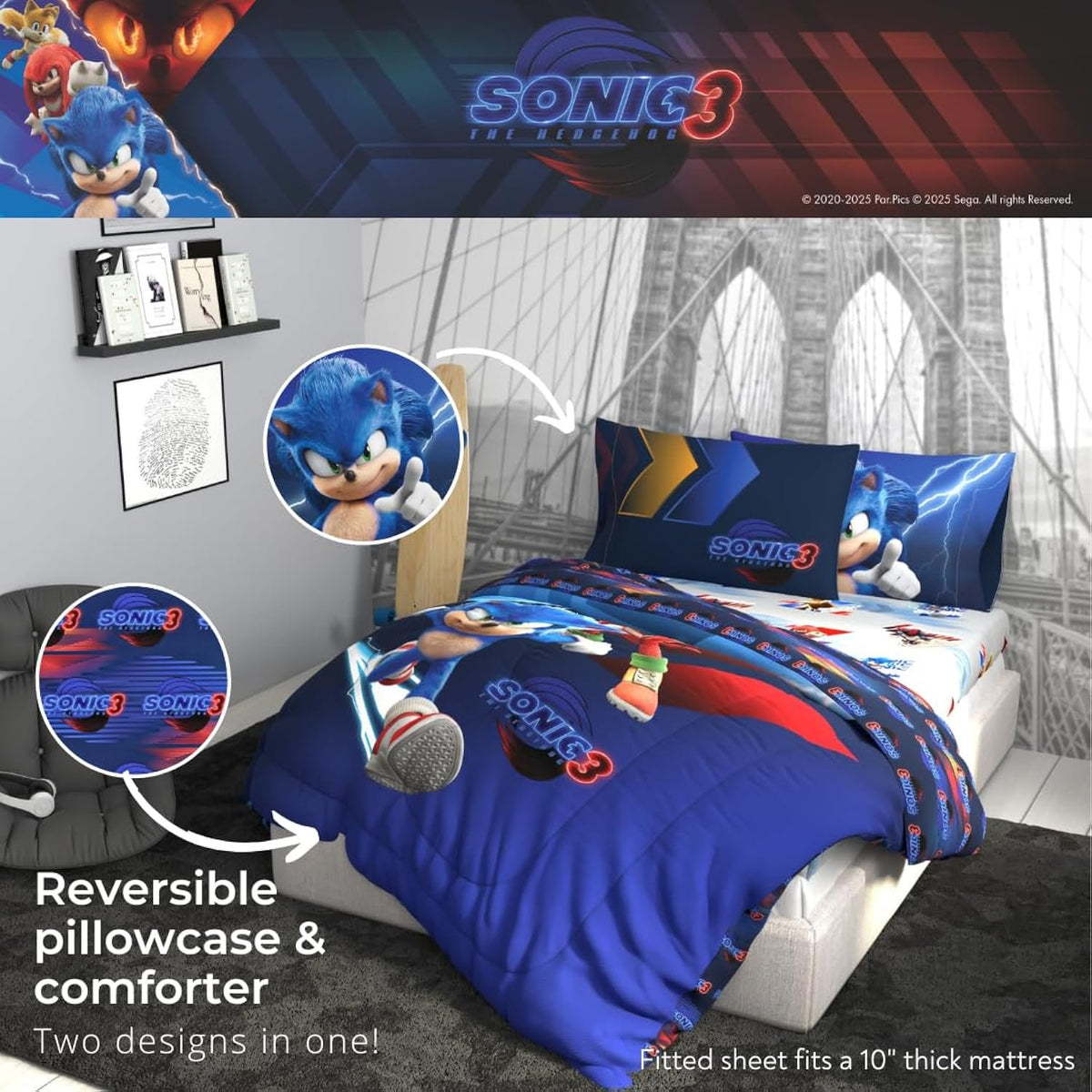 Franco Kids Sonic The Hedgehog 3 Movie Full Comforter and Sheets, 5 Piece Set