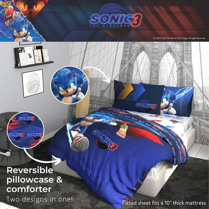 Franco Kids Sonic The Hedgehog 3 Movie Full Comforter and Sheets, 5 Piece Set