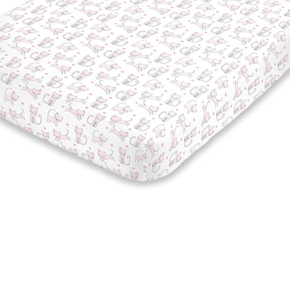 NoJo Purrdy Kitty Cat Fitted Mini Crib Sheet, Pink, White , 38x5x24 Inch