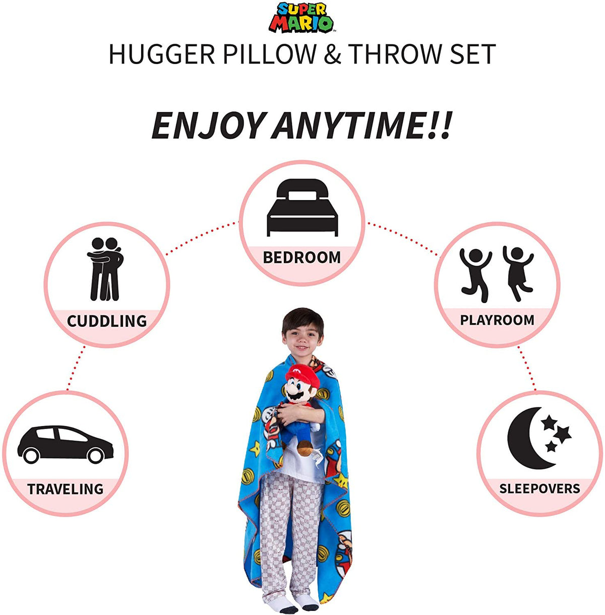 Franco Kids Soft Plush Throw and Hugger Pillow Set, 40" x 50", Super Mario