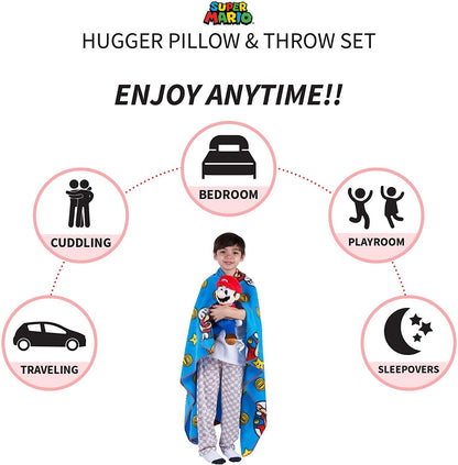 Franco Kids Soft Plush Throw and Hugger Pillow Set, 40" x 50", Super Mario