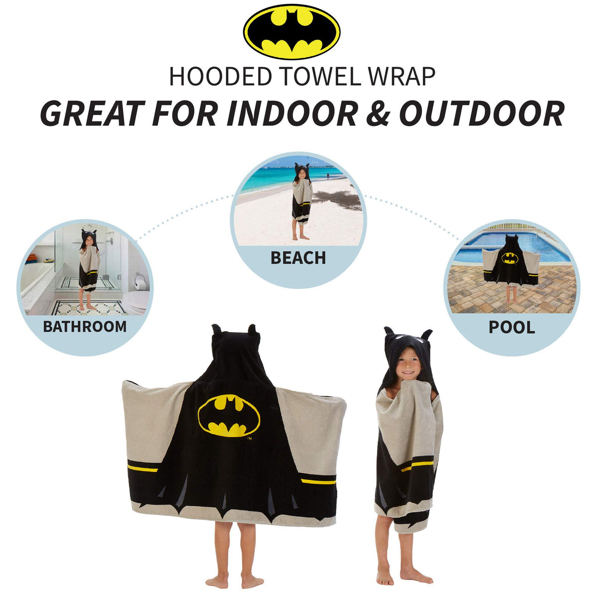 Batman Kids Bath/Pool/Beach Cotton Terry Hooded Towel Wrap, 24" x 50"