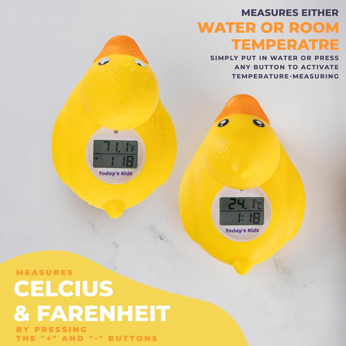 Todays Kids Duck Baby Bath Thermometer & Clock - Fahrenheit & Celsius Baby Bath Thermometer