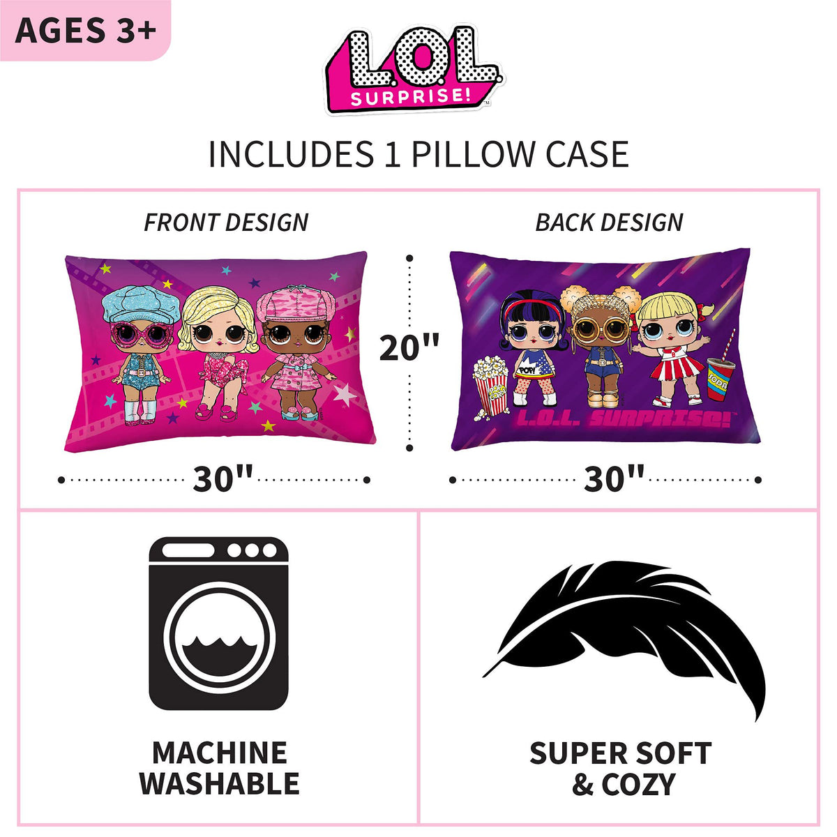 Franco Kids LOL Surprise Reversible Pillowcase, 20 in x 30 in
