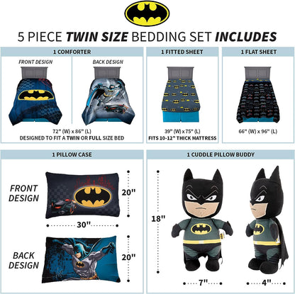 Franco Kids Batman 5 Piece Twin Size Comforter with Sheets and Cuddle Pillow Bedroom Set