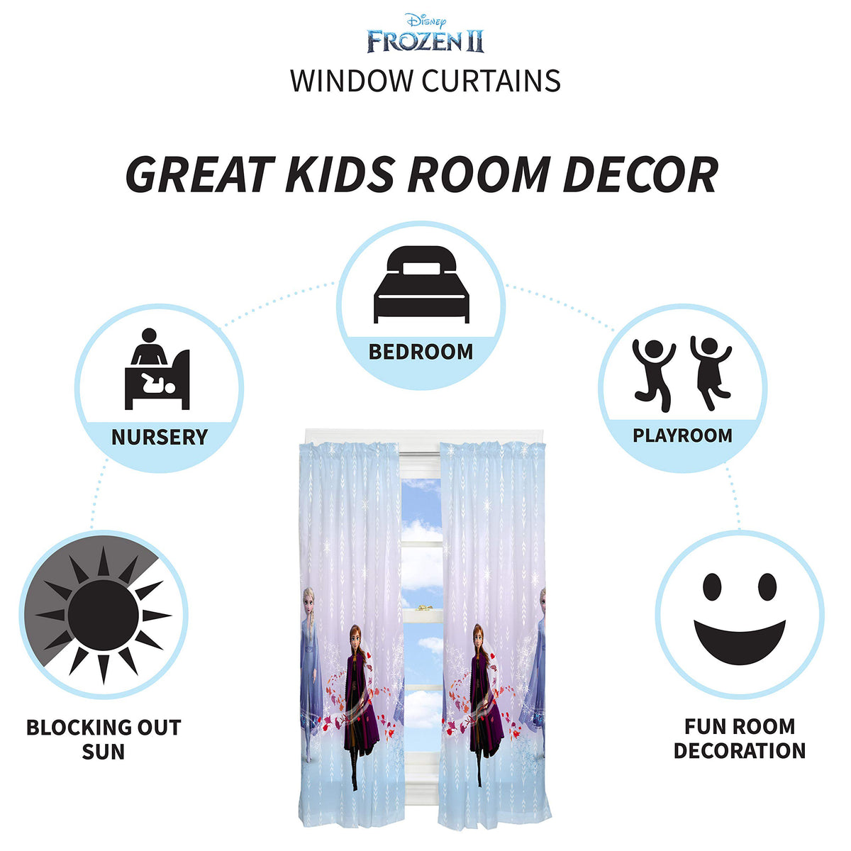 Disney Frozen 2 Kids Window Curtain Panels Drapes Set, 82 in x 63 in