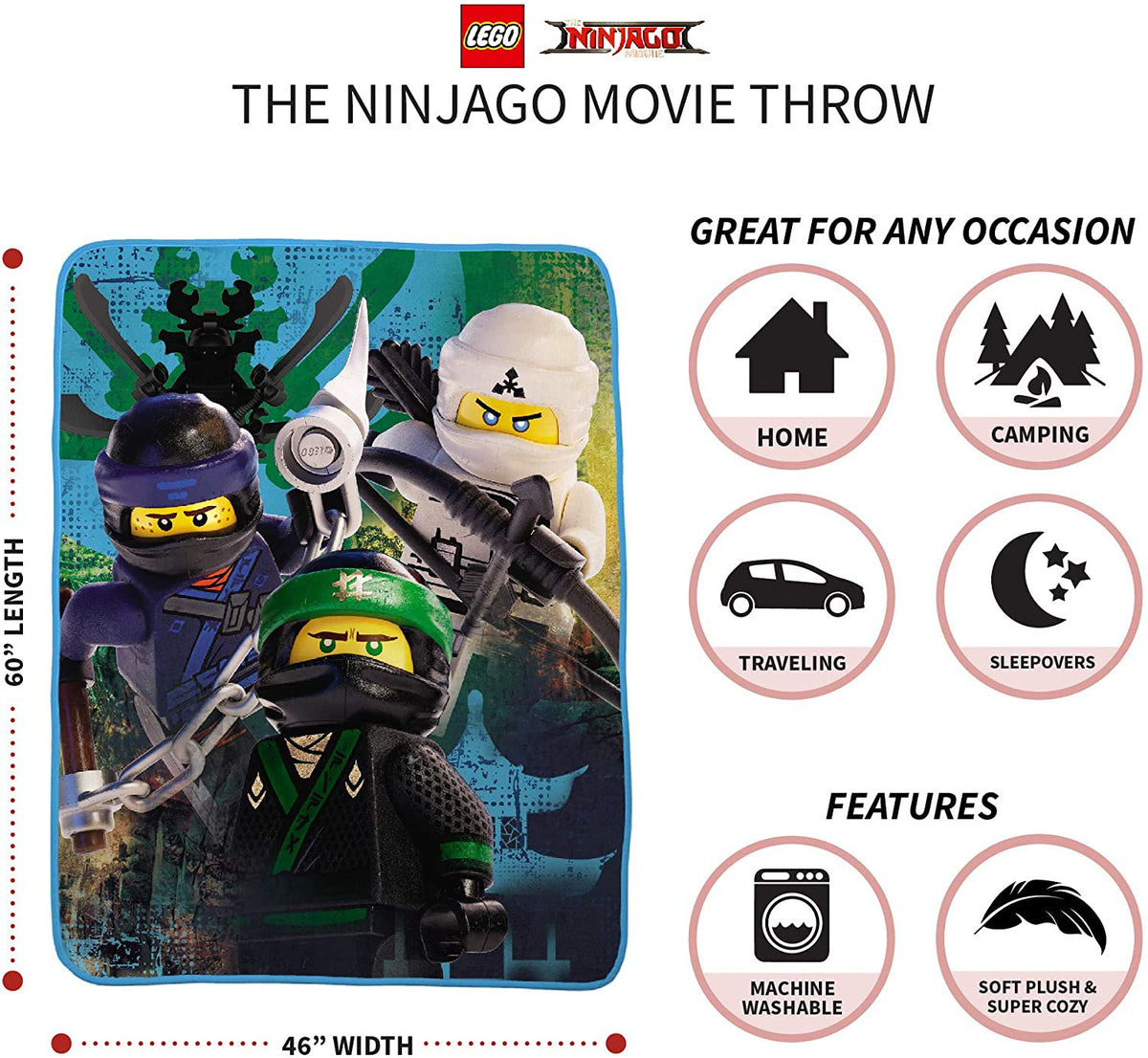 Franco Kids Bedding Throw, 46" x 60", Lego Ninjago