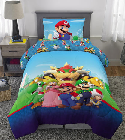 Franco Super Mario Kids Twin Comforter and Sheets Set, All The Players