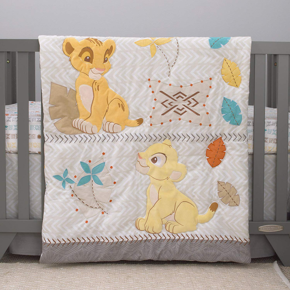 Disney Lion King Simba and Nala 3-Piece Nursery Crib Bedding Set, Ivory/Sage/Grey/Yellow