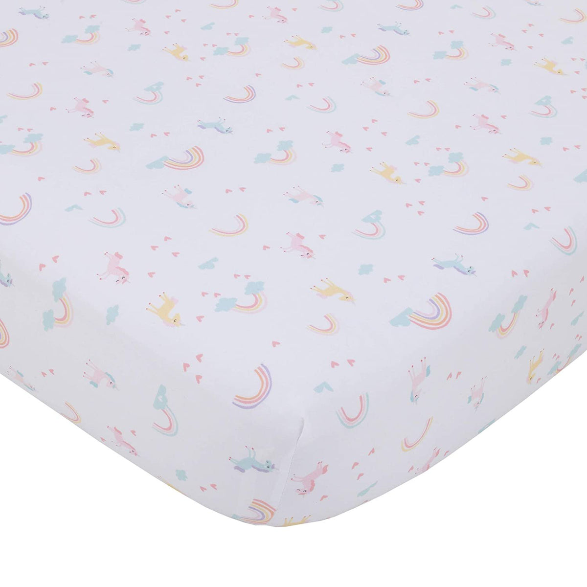 NoJo Fitted Crib Sheet, Rainbow Unicorn, Pink/Aqua/Yellow/White, 28x52x8 Inch (Pack of 1)
