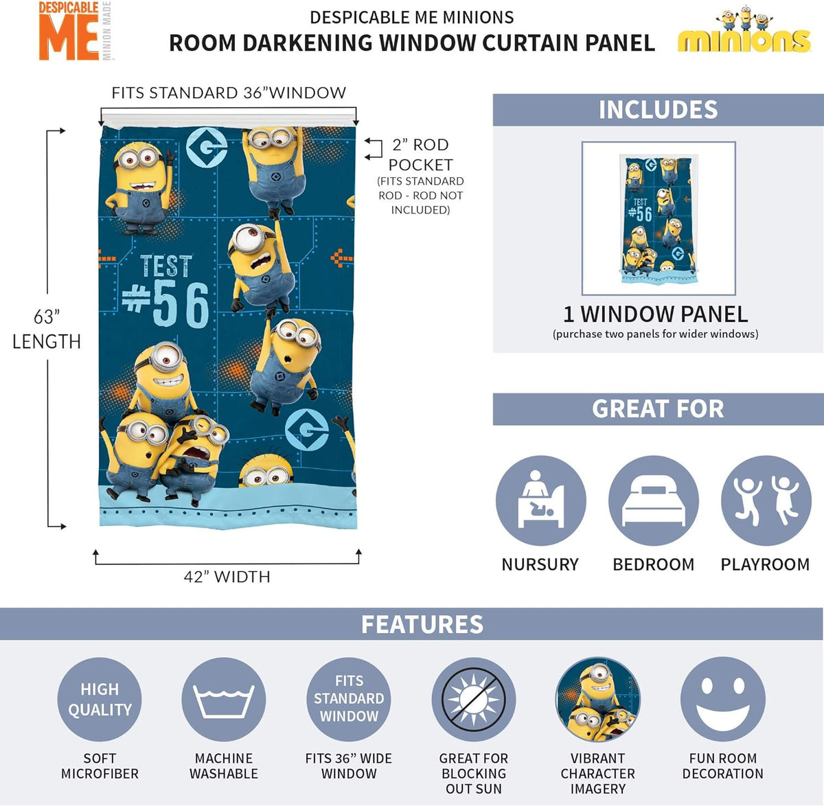 Despicable Me Minions Kids Room Darkening Window Curtain Panel, 42" x 63"