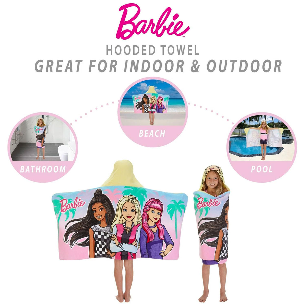 Franco Barbie Kids Hooded Towel, Cotton, Pink, Mattel