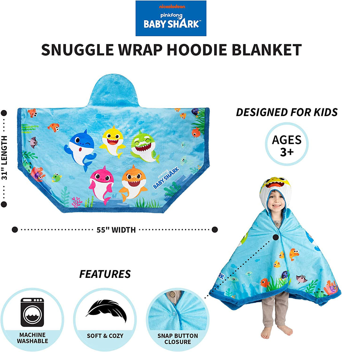 Baby Shark Kids Snuggle Wrap Wearable Blanket, 31 in x 55 in