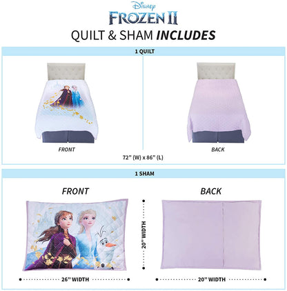 Disney Frozen 2 Soft Microfiber Quilt and Pillow Sham Set, Twin/Full Size 72" x 86"