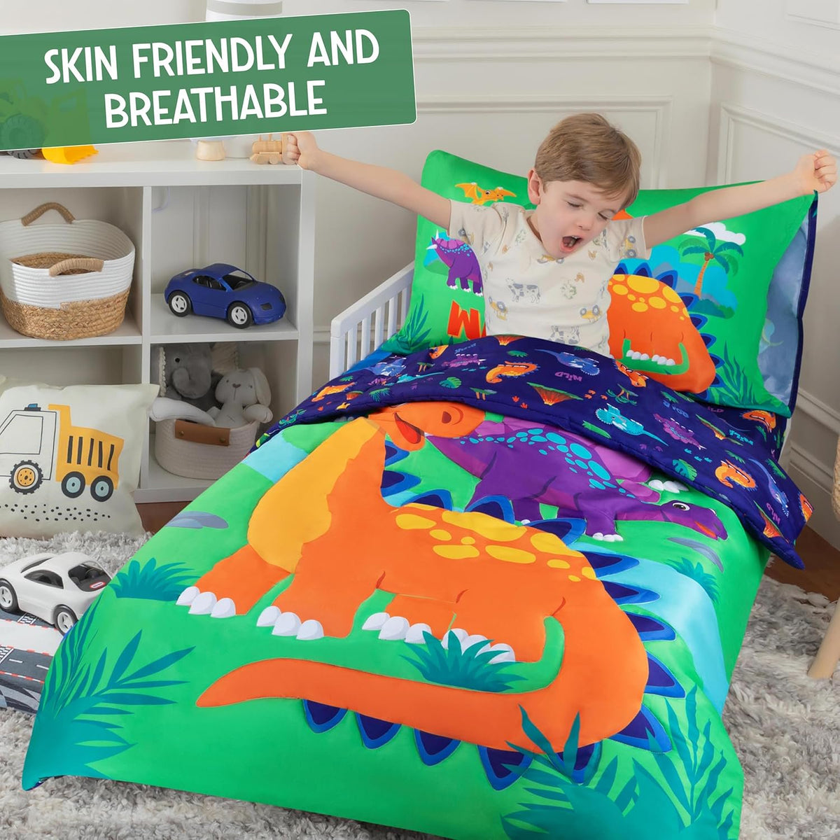 Todays Kids Monster Trucks Toddler Bedding Set for Boys - 4-Piece Toddler Bed Comforter Sets for Boys, Reversible Comforter & Pillowcase, Flat Sheet, Fitted Sheet, Breathable & Super Soft Microfiber
