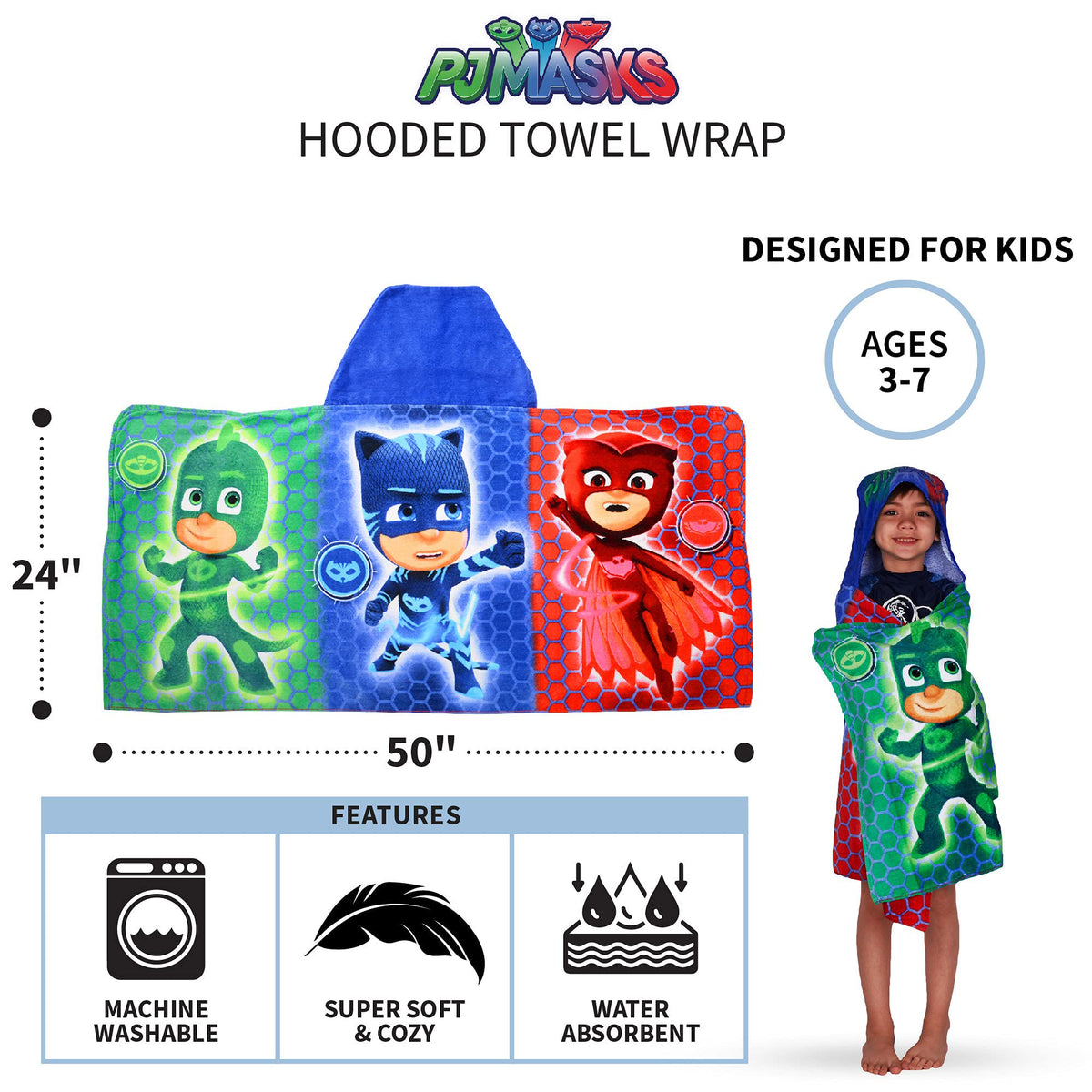 Franco Kids Pj Masks Super Soft Bath/Pool/Beach Soft Cotton Terry Hooded Towel Wrap, 24 in x 50 in, (Officially Licensed Product)