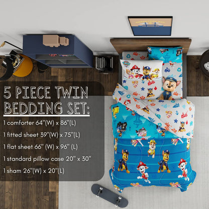 Paw Patrol Kids 5 Piece Twin Comforter and Sheet Set with Sham, By Franco