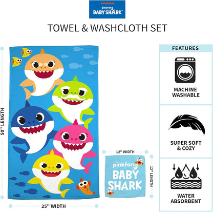 Franco Kids Baby Shark Bath & Beach Soft Cotton Terry Towel & Washcloth Set, 25" x 50"