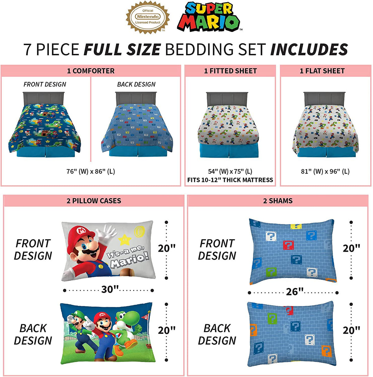 Franco Kids Bedding Super Soft Comforter and Sheet Set with Sham, 7 Piece Full Size, Mario