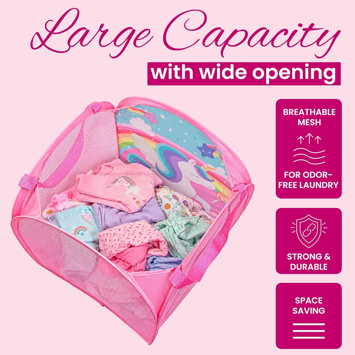 Todays Kids Collapsible Mesh Pop-Up Laundry Hamper - Foldable Laundry Basket with Breathable Mesh, Reinforced Handles and Side Pocket