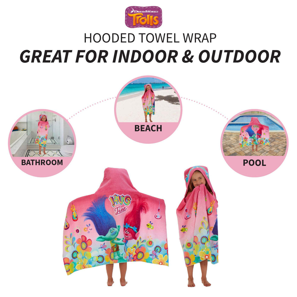 Trolls Bath/Pool/Beach Cotton Terry Hooded Towel Wrap, 24 In x 50 In