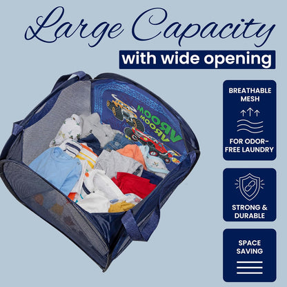 Todays Kids Collapsible Mesh Pop-Up Laundry Hamper - Foldable Laundry Basket with Breathable Mesh, Reinforced Handles and Side Pocket