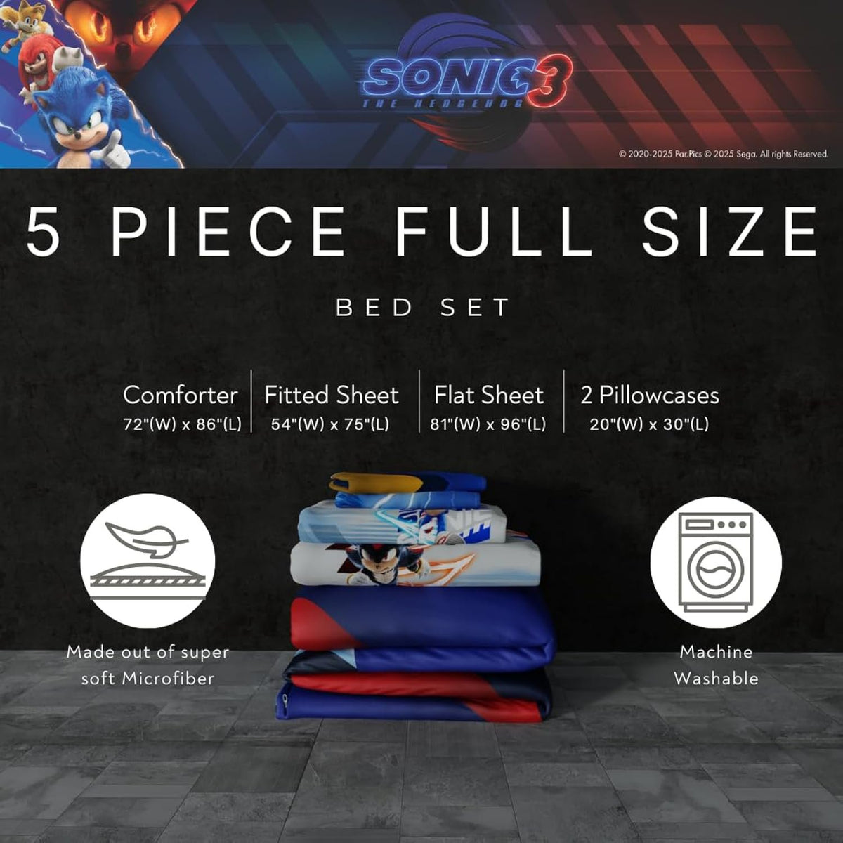 Franco Kids Sonic The Hedgehog 3 Movie Full Comforter and Sheets, 5 Piece Set