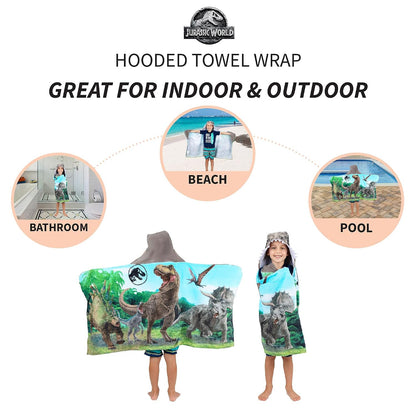 Jurassic World Kids Bath/Pool/Beach Soft Cotton Terry Hooded Towel Wrap, 24 in x 50 in