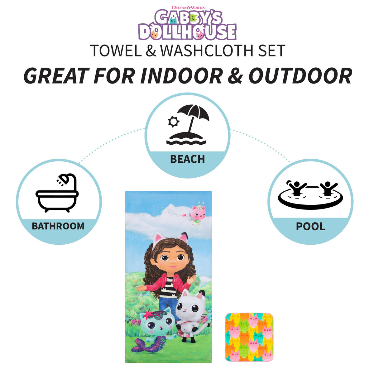 Franco Gabby's Dollhouse Kids Beach Towel & Washcloth 2 Piece Set, 50 in x 25 in
