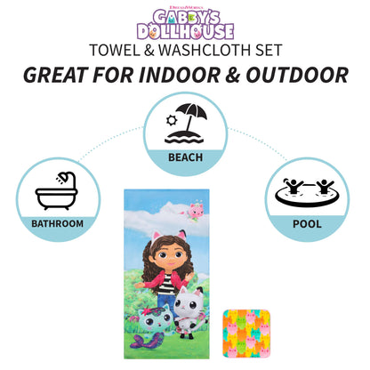 Franco Gabby's Dollhouse Kids Beach Towel & Washcloth 2 Piece Set, 50 in x 25 in