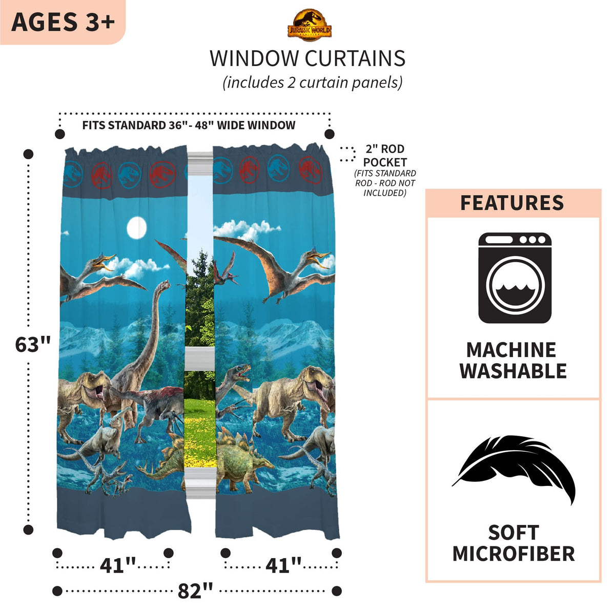 Jurassic World Dominion Kids Room Window Curtain Panels Drapes Set, 82" x 63"