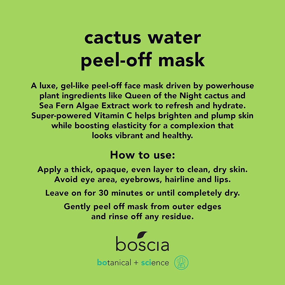 BOSCIA Facial Peel-off Mask with Cactus Water and Vitamin C for Natural & Clean, Hydrating & Brightening Skin, Vegan, Cruelty-Free, Aloe Vera, Green, 2.82 Oz